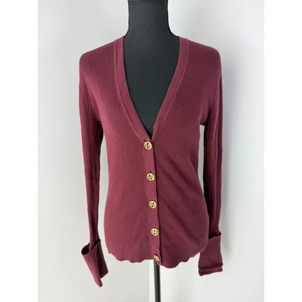 Tory Burch 100% Cotton V-Neck Fitted Cardigan Burgundy Gold Logo Buttons S
